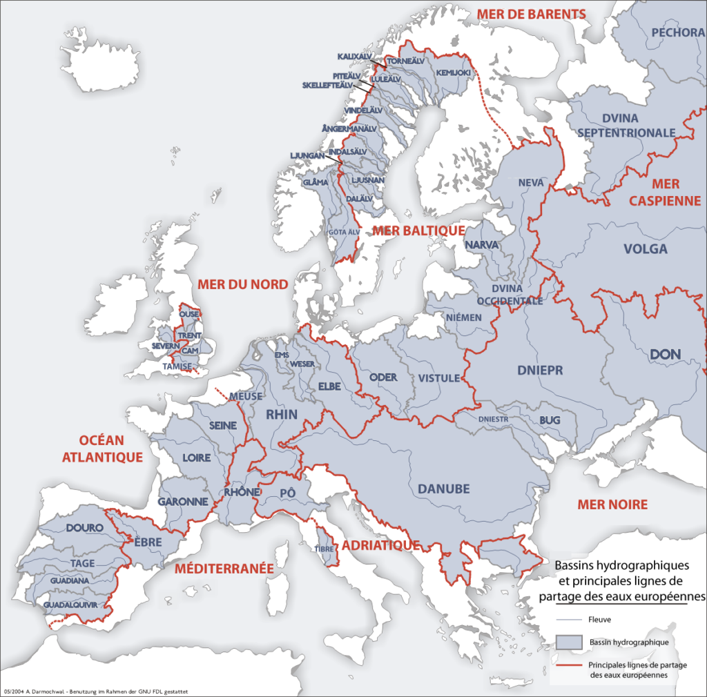 carte de ligne de partage des eaux en Europe