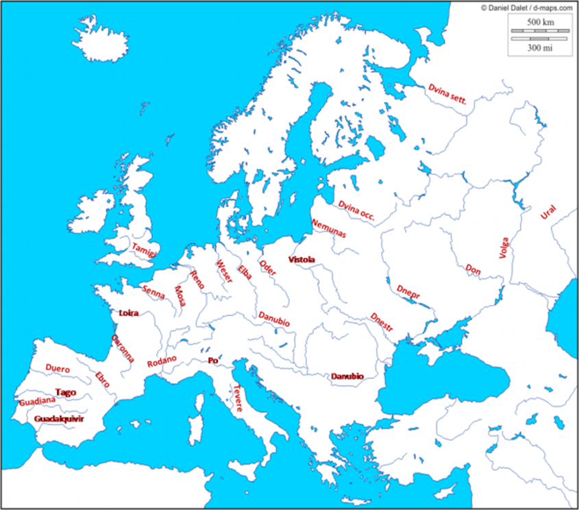 carte des cours d'eau en Europe